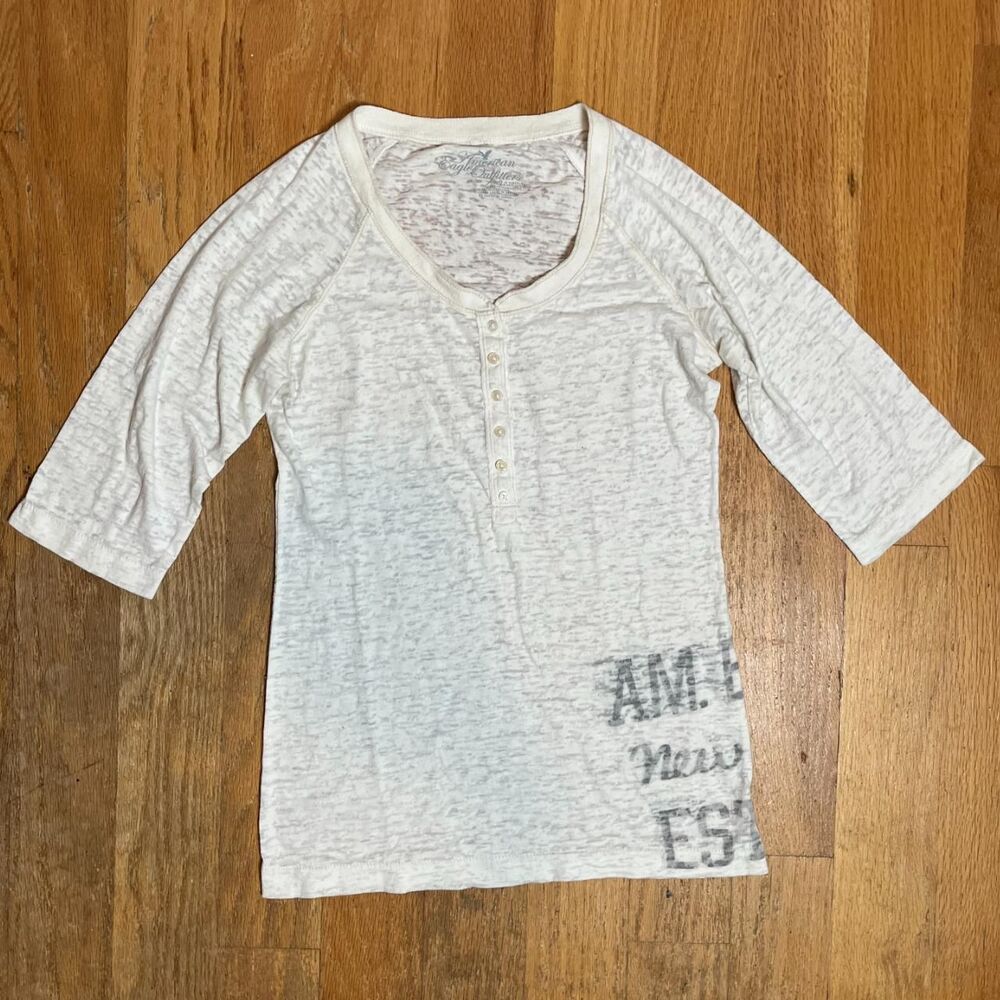Vintage Y2K White Elbow Sleeves Semi-Sheer Henley from American Eagle (size M)